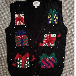 TALBOTS Hand Knit Ugly Christmas Sweater Vest Gifts Presents Beads Bell Black L